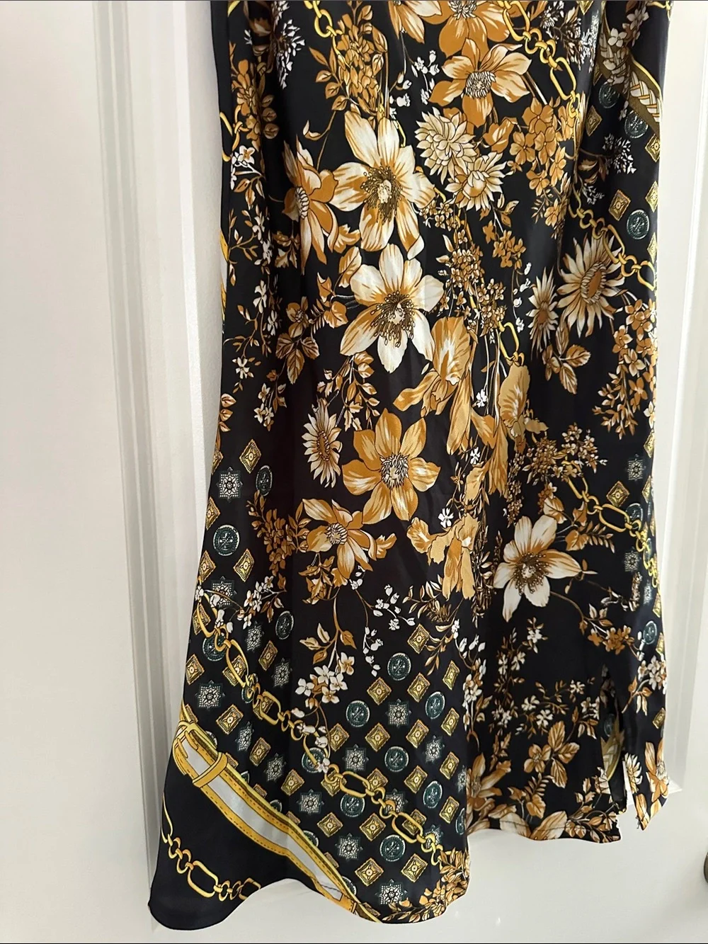 Princess Polly Black Satin Cami with Gold Floral & Chain Print